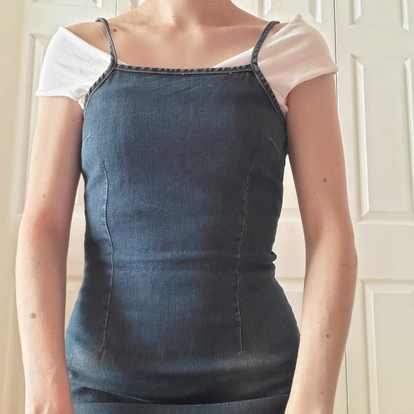 Vintage 90's Garage faded denim spaghetti straps ruffled hem dress / ruffles - Picture 2 of 12